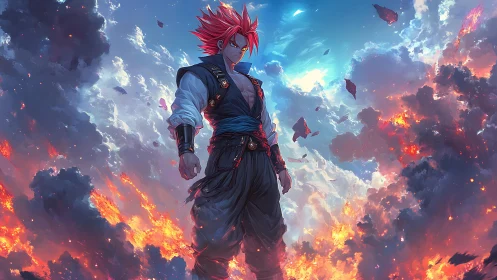 Aerial pyroclastic warrior amid volumetric nebular stormscape.