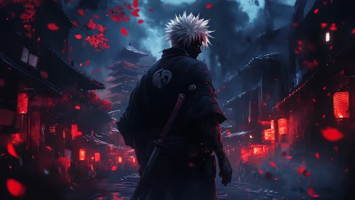 White haired ronin stalks neon red lantern rainstorm night.