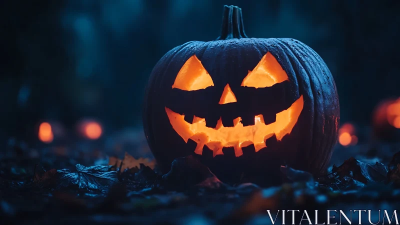 Carved jack-o-lantern emits internal light in low ambient scene