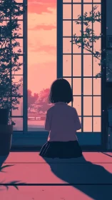 Girl facing sunset through open shoji doors in quiet room.