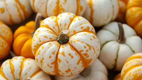 Striped white and orange mini pumpkins glow in autumn light