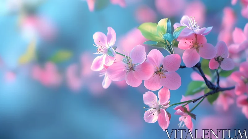 Cherry blossoms glow softly against tranquil blue bokeh.