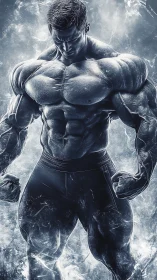 Muscular male figure rendered as icy sculpted anatomy