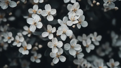 White blossoms cluster densely against dark foliage backdrop.