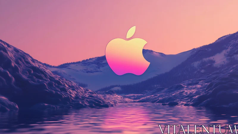 Apple logo floats over stylized snowy valley and water surface