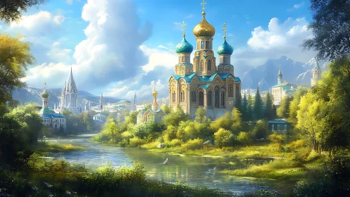 Domed riverside cathedral complex stands amid dense greenery