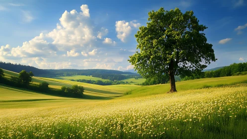 Isolated deciduous tree anchors rolling meadow under cumulus sky