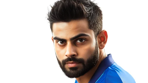 Serious bearded man in blue sports jersey portrait shot.