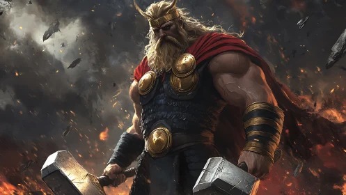 Armored thunder warrior holds dual hammers amid erupting debris