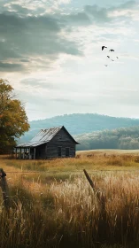 Lonely weathered farmhouse dreaming under wide mountain sky.