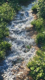 Sunlit creek stitches silver ribbons through bright meadow