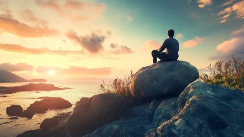 Coastal observer on basalt boulder under stratified sunset sky.