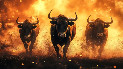 Blazing Horns Triad Charging Through Ember Dusted Haze.