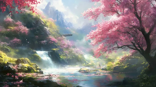 Luminous cherry blossom valley with cascading mountain falls.