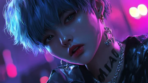 Neon-lit androgynous portrait in glossy cyberpunk lighting.