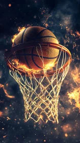 Flaming basketball swish suspended in incandescent net detail.