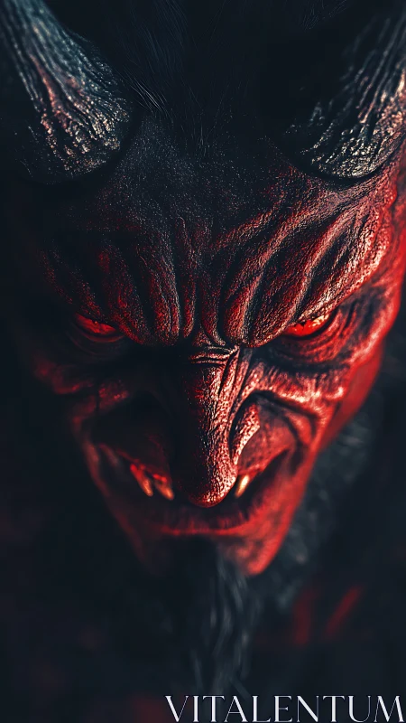 Sinister horned demon bathed in dramatic, fiery red light.
