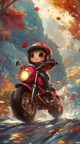 Cute child rides red motorcycle through bright autumn road.