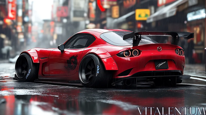 Red widebody Mazda sports car in cinematic rainy street scene.