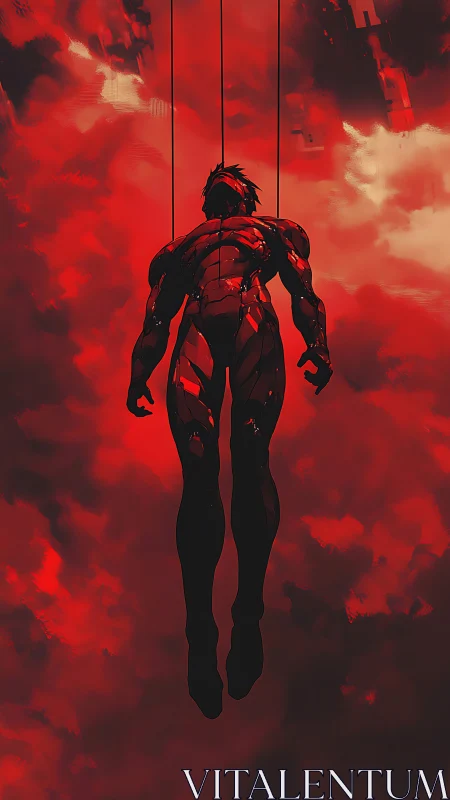 Crimson clouds suspend a cybernetic titan between wars