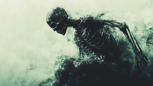 Decayed skeletal figure emerges from swirling toxic mist