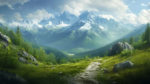 Mountain valley trail under snow capped alpine peaks.