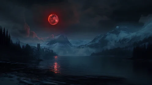 Bloodlit moon crowns a haunted glacial valley at midnight