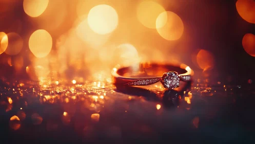 Photographic macro study of diamond ring in bokeh field.