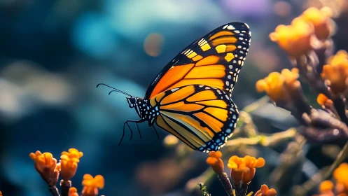 Monarch butterfly rests on orange flower cluster in profile