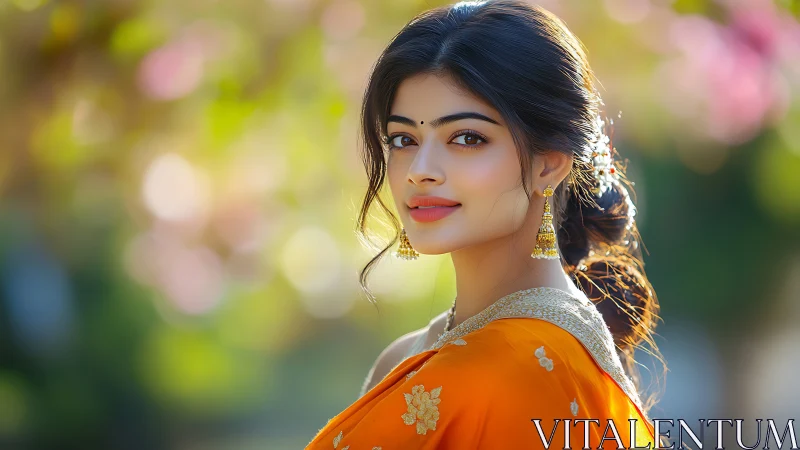 Elegant woman in orange saree with gold accents, soft bokeh background.