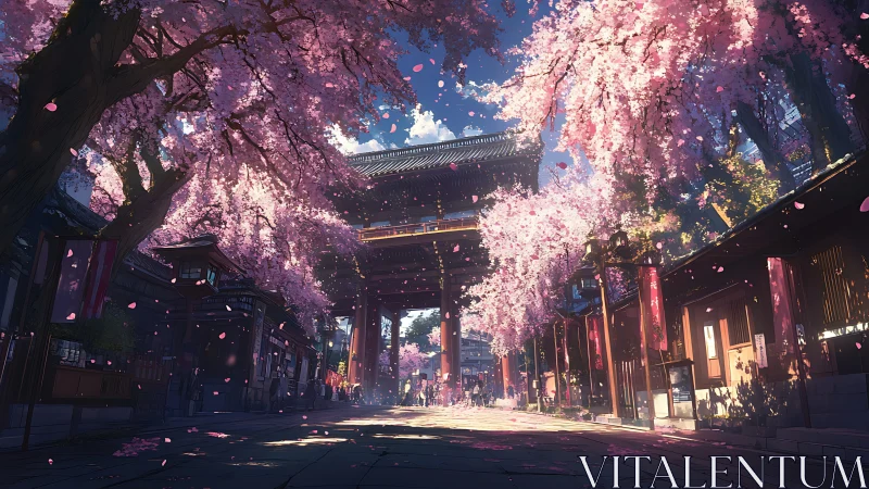 Cherry blossom lined temple street frames distant city view