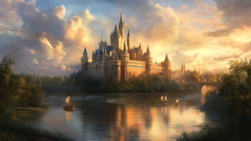 Wide riverfront castle complex stands under dense evening clouds