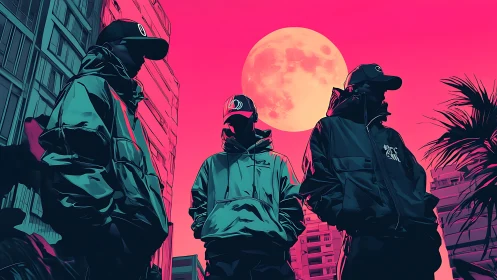 Urban street trio stand beneath a neon moonlit skyline