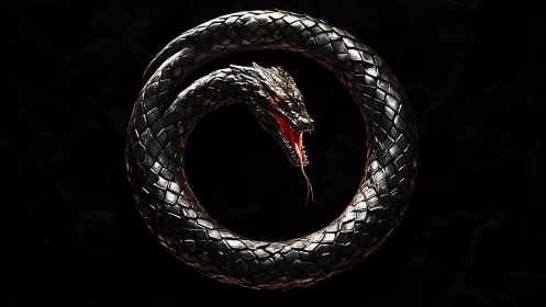 Coiled metallic dragon serpent forming dark ouroboros symbol.