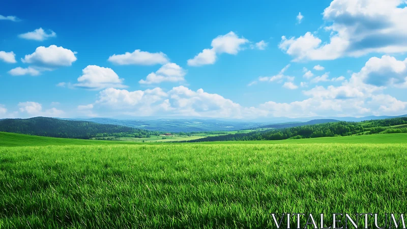Panoramic spring meadow under stratified cumulus sky.