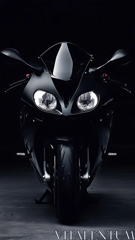 Midnight sport bike poised in moody studio shadows.