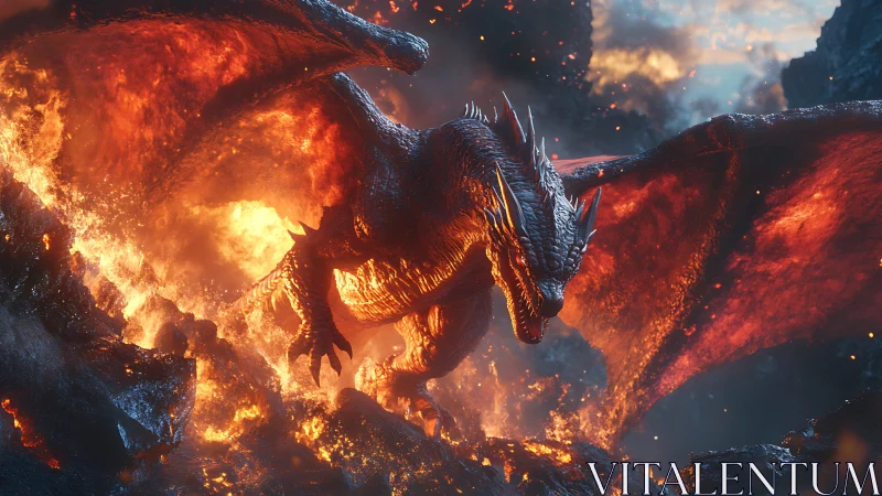 Inferno-winged dragon strides through a river of molten dusk.