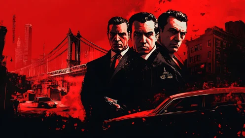 Three suited men stand before red cityscape and bridge