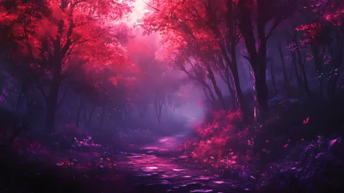 Neon Forest Pathway: Magenta Luminescence Through Shadowed Woodland.