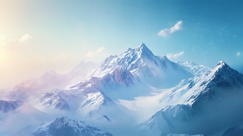 Sunlit alpine ridge with snow-covered peaks under clear sky