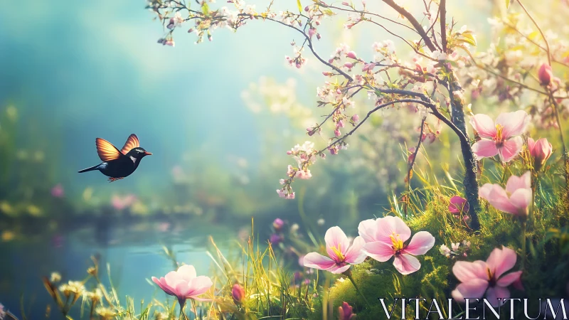 Enchanting bird in spring garden with cherry blossoms, fantasy style.