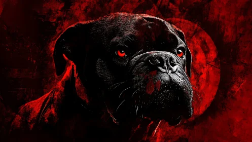 Black dog portrait on textured red background composition.