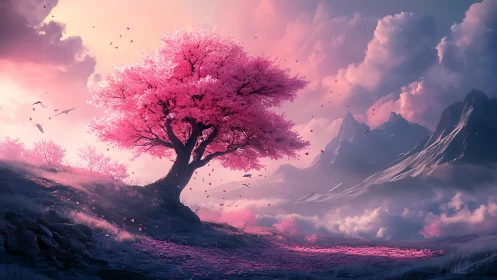 Pink blossom tree in glowing fantasy mountain valley scene.