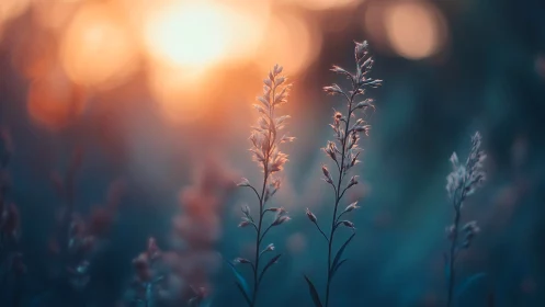 Sunlit meadow stems in dreamy teal and amber haze.