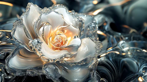 Luminous crystal rose blooming in liquid silver dreamscape.