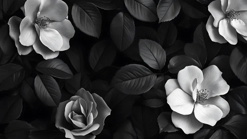 Ivory Blooms Dance Through Shadows in Monochrome Garden.