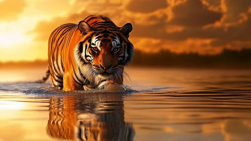 Bengal tiger strides through sunset shallows in photoreal detail