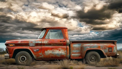 Rust kissed pickup waits patiently beneath storm heavy skies