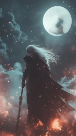 Moonlit dark knight stands over burning cloud horizon.