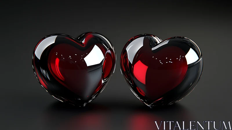 Twin Reflective Glass Hearts on Dark Surface